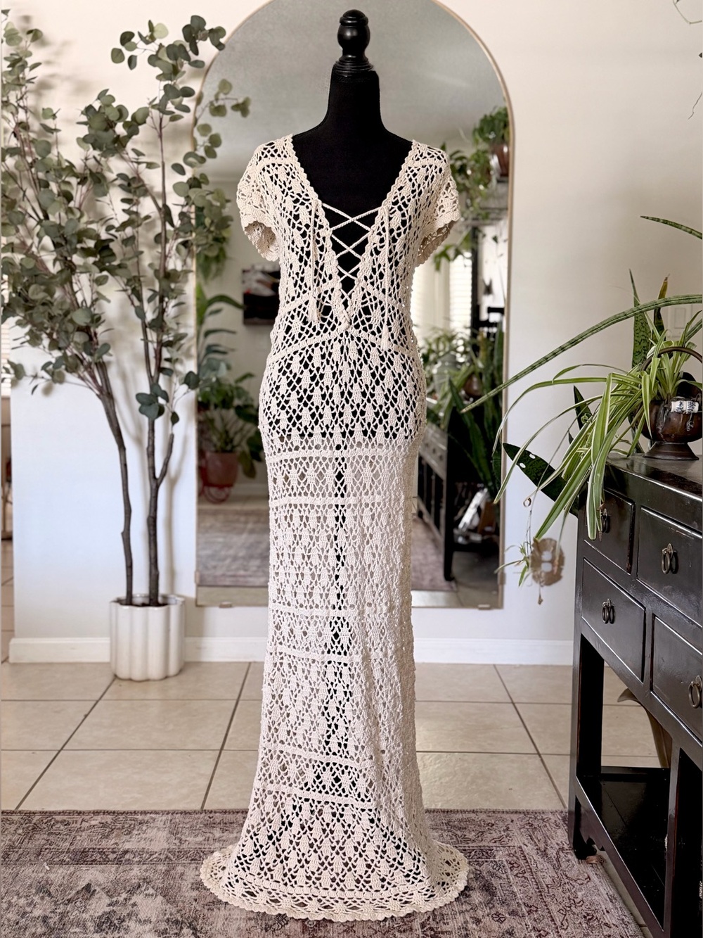 VENUS Coastal Muse Crochet Maxi Dress Open Knit Boho Goddess Medium